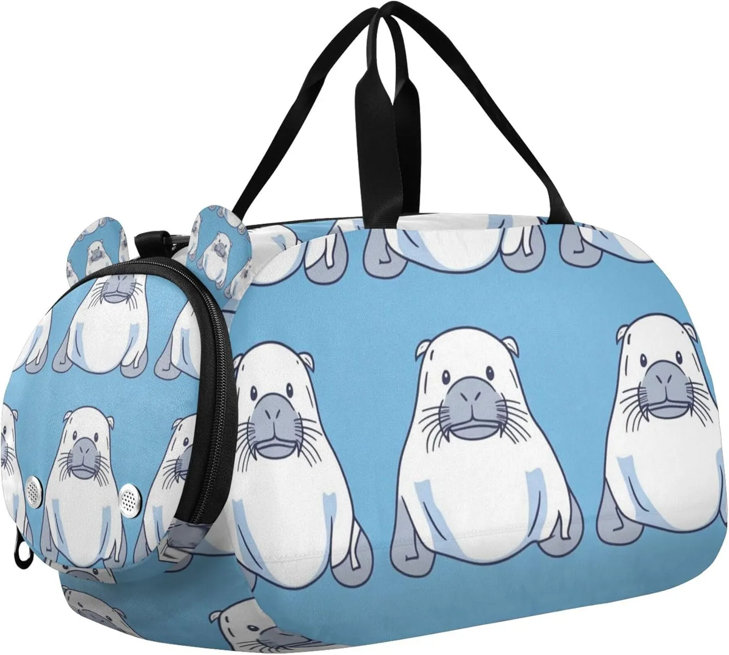 Walrus Cartoon Duffle Bag for Kids Girls Boys, Sports Gym Bag with Shoe Compartments, Kids Travel Overnight Weekender Shoulder Bag