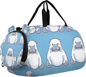Walrus Cartoon Duffle Bag for Kids Girls Boys, Sports Gym Bag with Shoe Compartments, Kids Travel Overnight Weekender Shoulder Bag