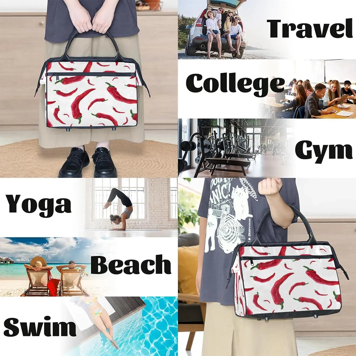 Watercolor Chili Red Travel Duffel Bag Gym Tote Bag for Women Men Waterproof Weekend Overnight Bag Carry On Tote Luggage with Pocket Personal Item Bags Sports Bag fit Travel Sports Gym Yoga