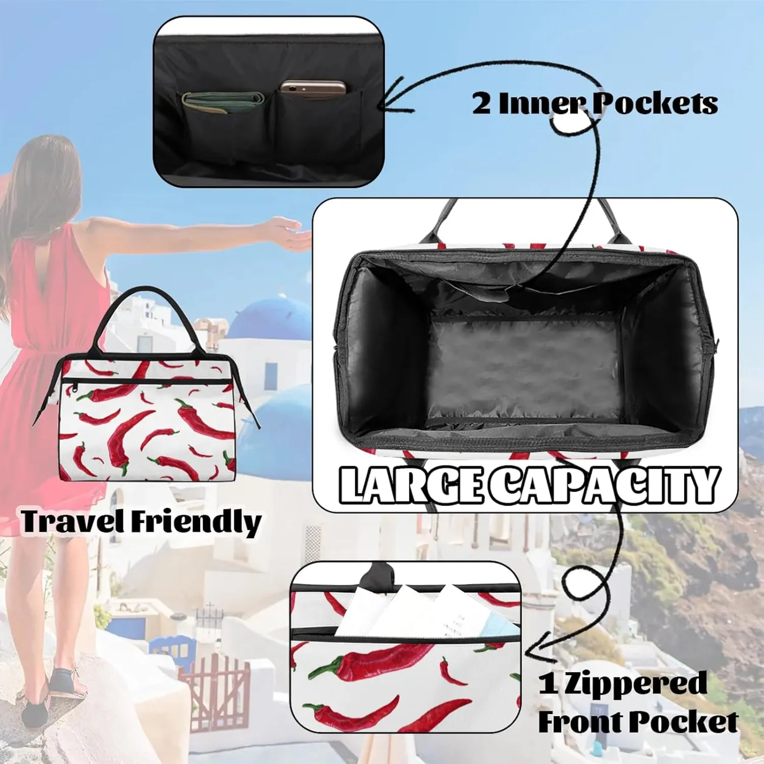 Watercolor Chili Red Travel Duffel Bag Gym Tote Bag for Women Men Waterproof Weekend Overnight Bag Carry On Tote Luggage with Pocket Personal Item Bags Sports Bag fit Travel Sports Gym Yoga