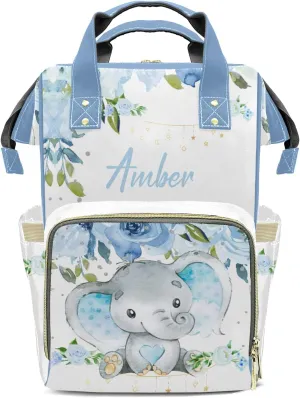 Watercolor Elephant Flower Diaper Bags with Name Personalized Baby Bag Travel Tote Bag Waterproof Backpack for Mom Gift