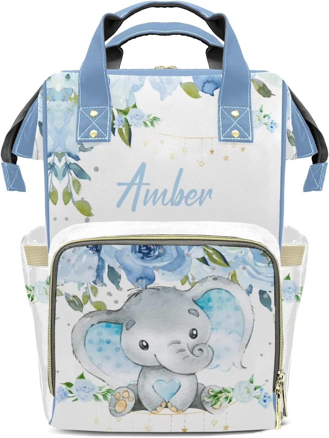 Watercolor Elephant Flower Diaper Bags with Name Personalized Baby Bag Travel Tote Bag Waterproof Backpack for Mom Gift