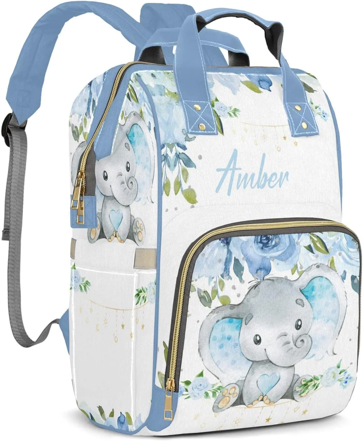 Watercolor Elephant Flower Diaper Bags with Name Personalized Baby Bag Travel Tote Bag Waterproof Backpack for Mom Gift