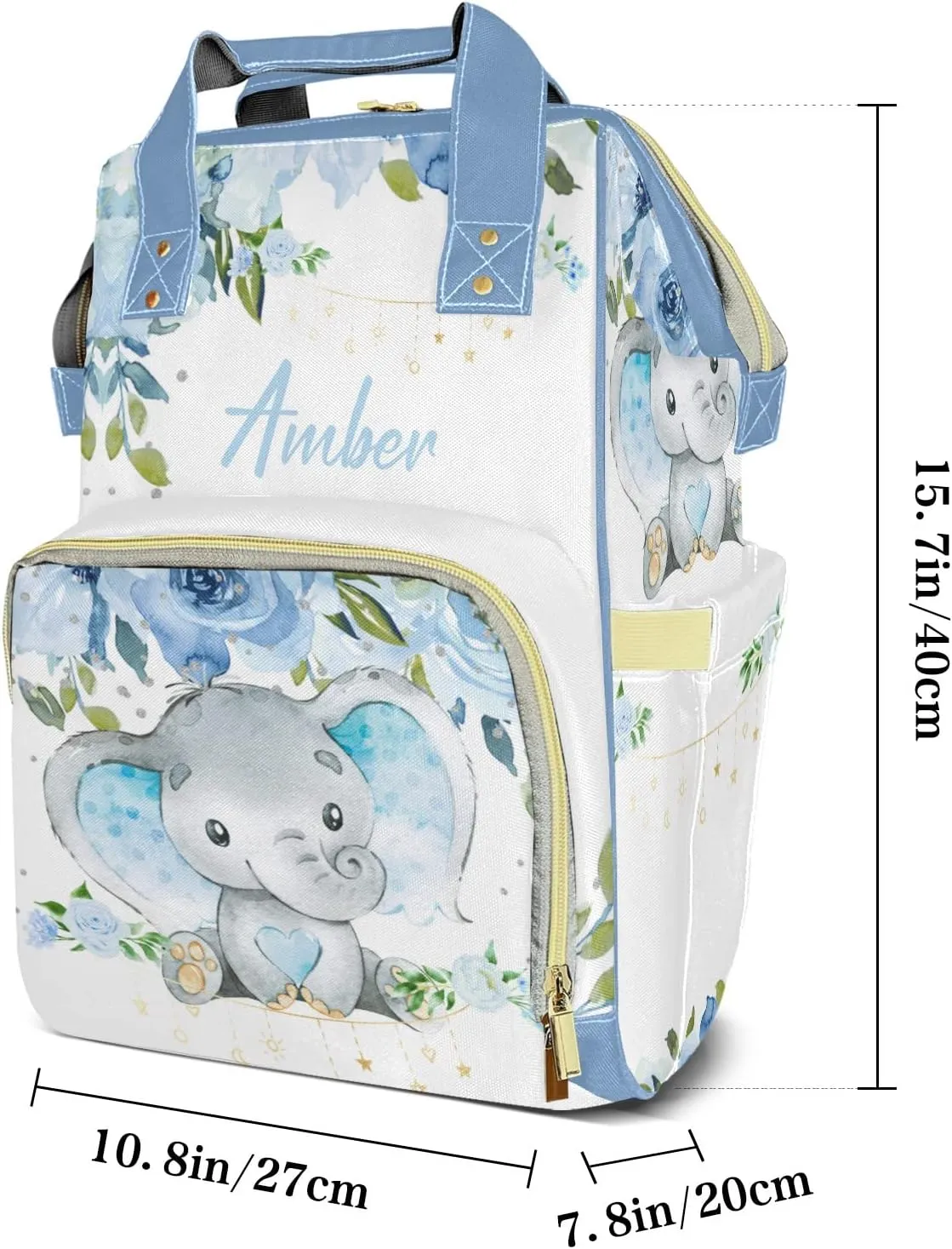 Watercolor Elephant Flower Diaper Bags with Name Personalized Baby Bag Travel Tote Bag Waterproof Backpack for Mom Gift