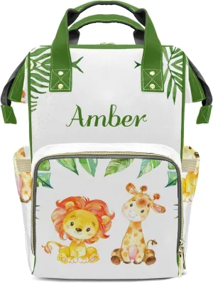 Watercolor Lion Giraffe Personalized Diaper Bags Waterproof Backpack Shoulder Daypack for Mother's Day Gifts