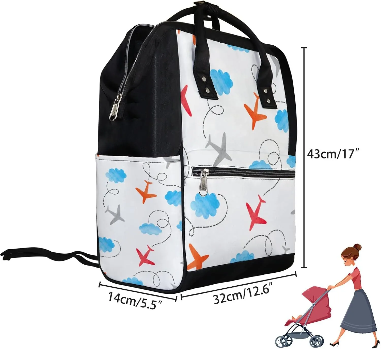 Watercolor Planes Clouds Diaper Bag Backpack Waterproof Backpack Baby Nappy Changing Bag for Travel Large Capacity Durable and Stylish for Woman