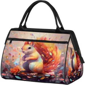 Watercolor Squirrel Colorful Leaves Travel Duffle Bag, Waterproof Duffel Bag Weekender Overnight Carry On Bag Lightweight Sport Gym Bag for Men Women