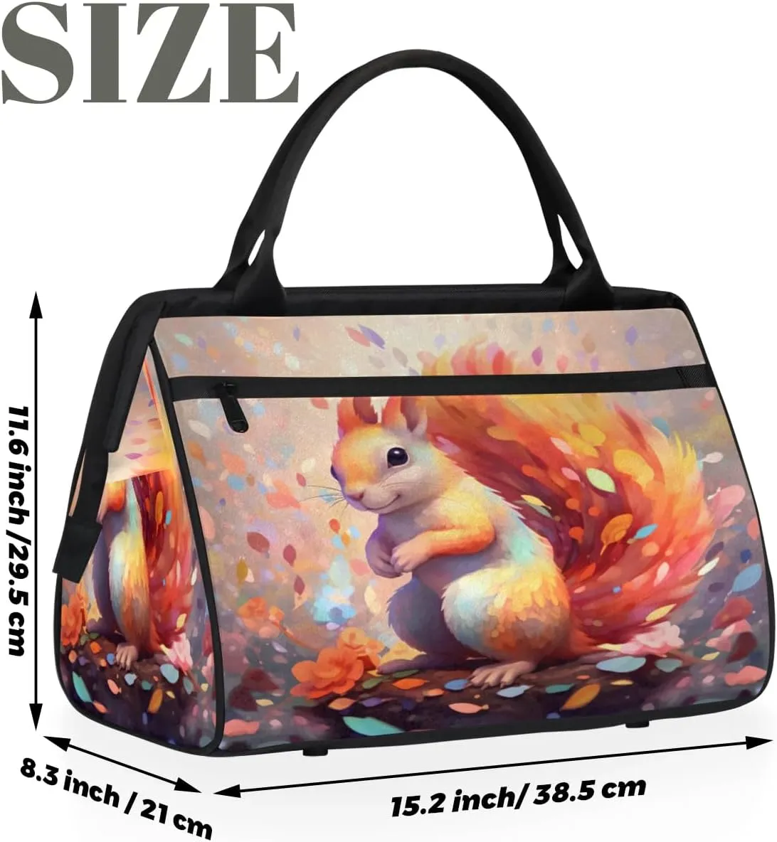 Watercolor Squirrel Colorful Leaves Travel Duffle Bag, Waterproof Duffel Bag Weekender Overnight Carry On Bag Lightweight Sport Gym Bag for Men Women