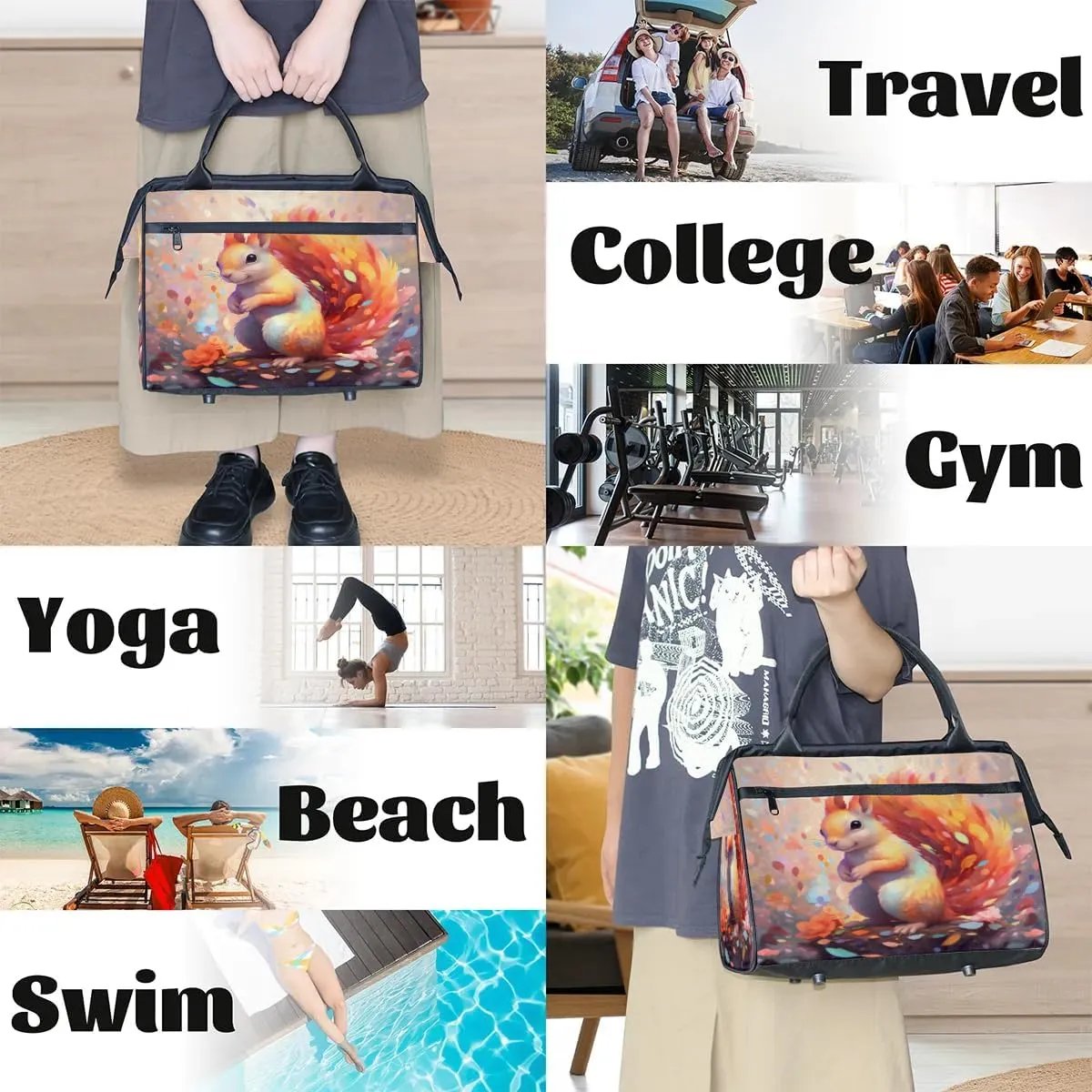 Watercolor Squirrel Colorful Leaves Travel Duffle Bag, Waterproof Duffel Bag Weekender Overnight Carry On Bag Lightweight Sport Gym Bag for Men Women