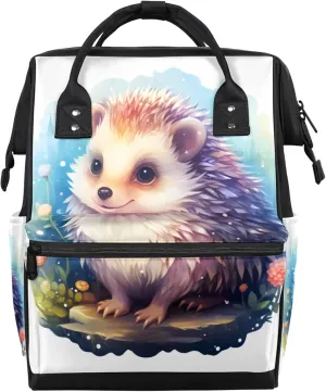 Watercolour Hedgehog Flowers Diaper Bag Mommy Bags With Adjustable Shoulder Strap Waterproof Multifunction Shoulder Bag Travel Large Capacity Backpack for Moms And Dads