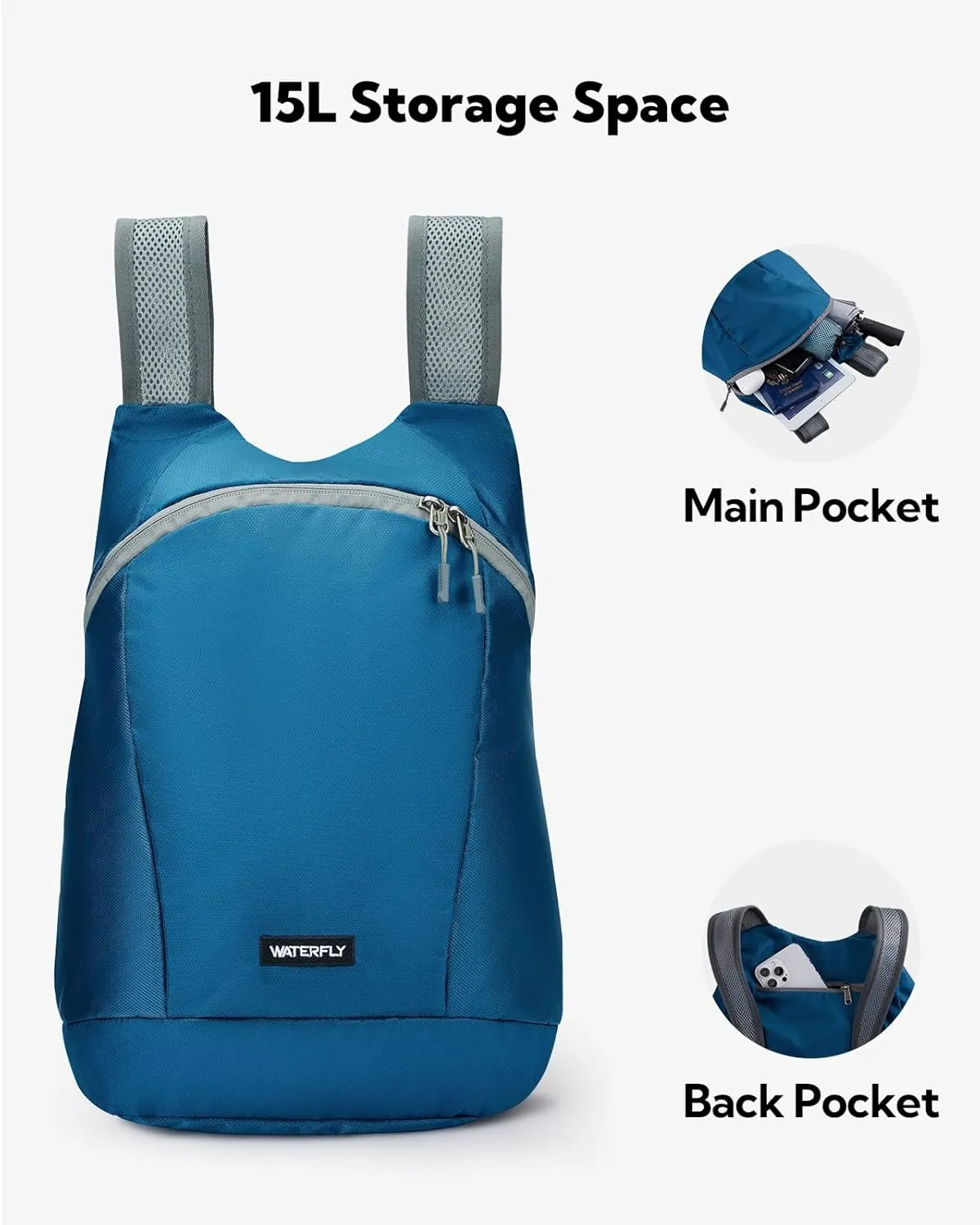 WATERFLY Foldable Lightweight Hiking Backpack: 15L Packable Traveling Daypack Men Women Ultralight Thin Casual Day Pack Bag for Outdoor Sports Camping Beach Park (Blue)