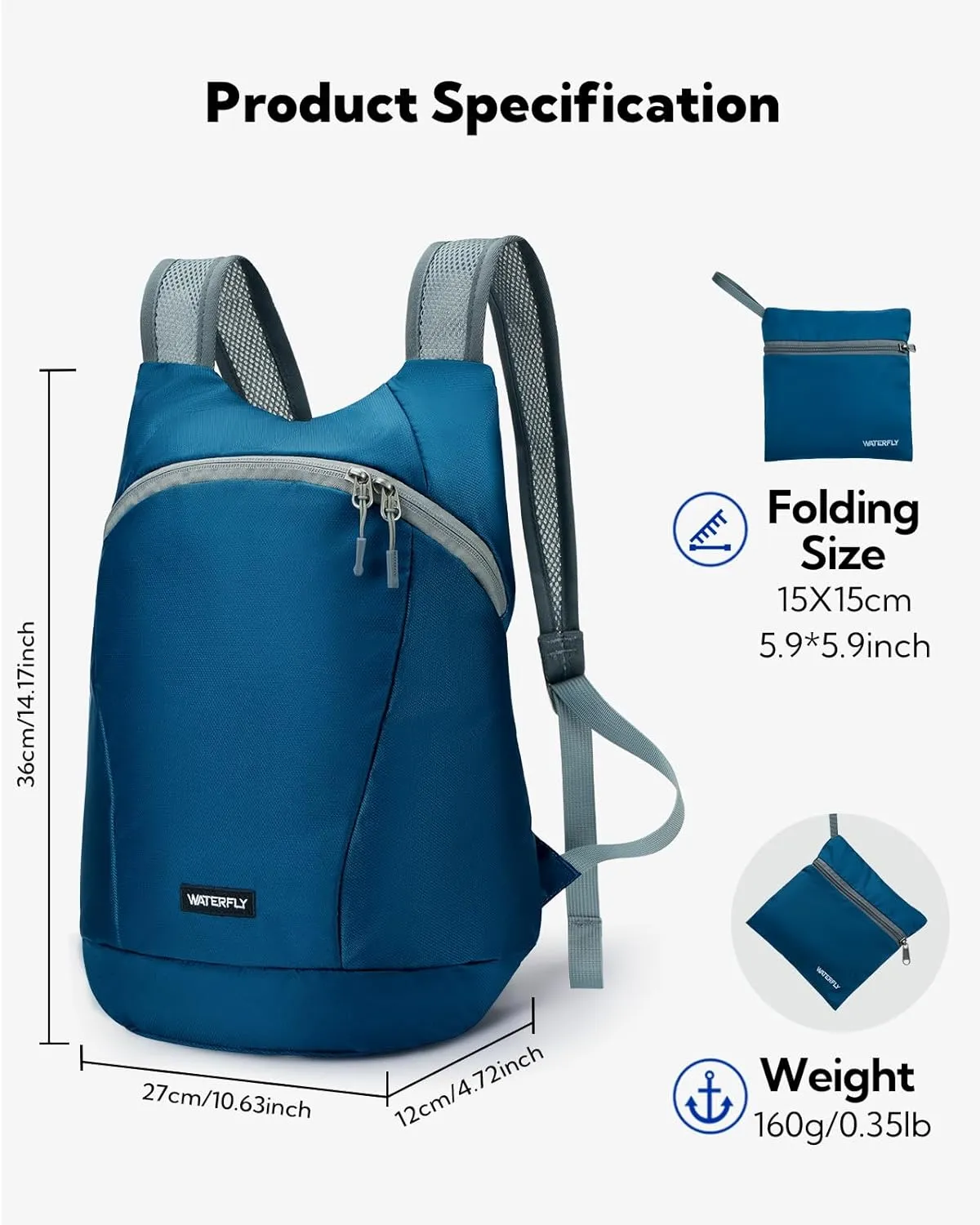WATERFLY Foldable Lightweight Hiking Backpack: 15L Packable Traveling Daypack Men Women Ultralight Thin Casual Day Pack Bag for Outdoor Sports Camping Beach Park (Blue)