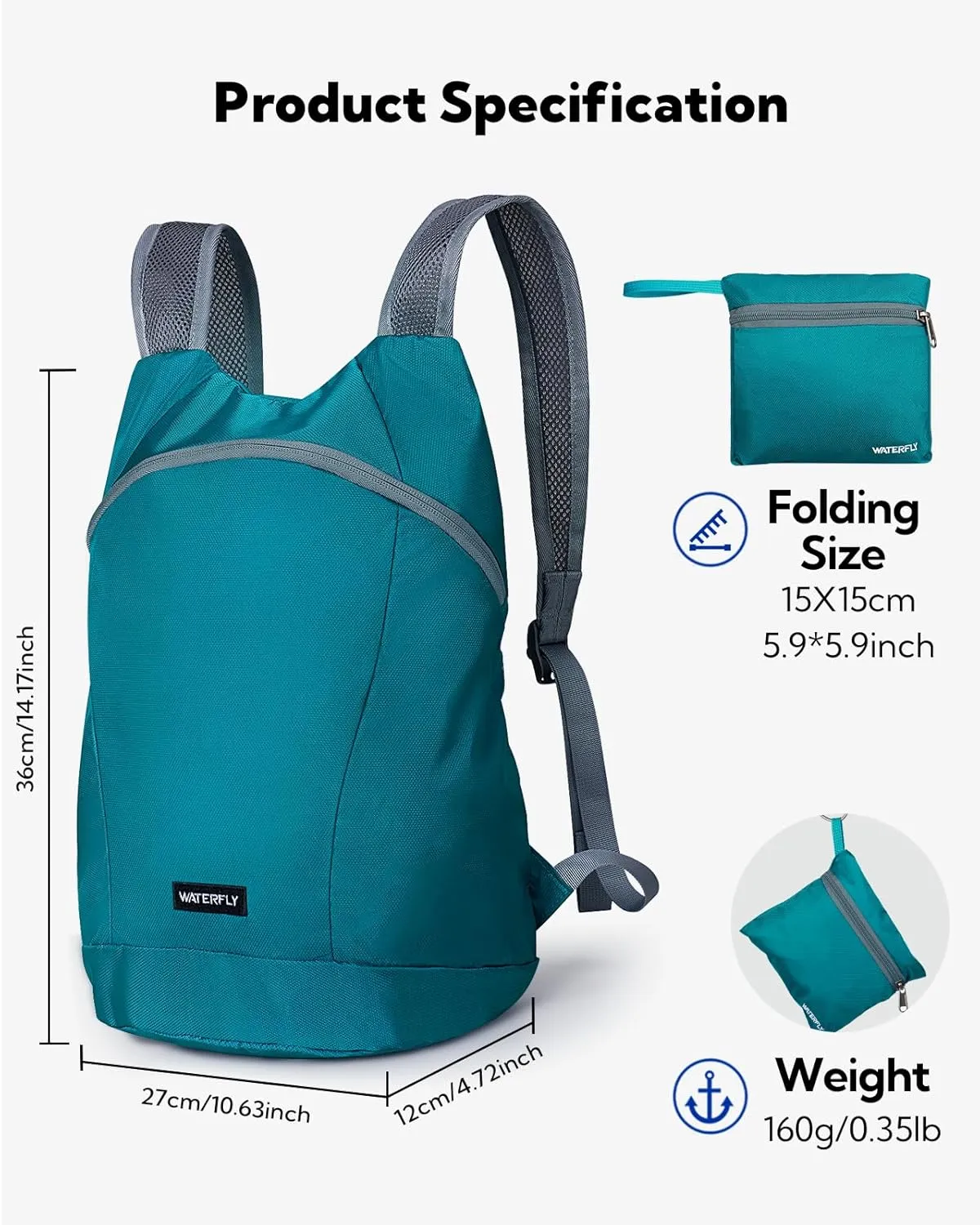 WATERFLY Foldable Lightweight Hiking Backpack: 15L Packable Traveling Daypack Men Women Ultralight Thin Casual Day Pack Bag for Outdoor Sports Camping Beach Park (Green)