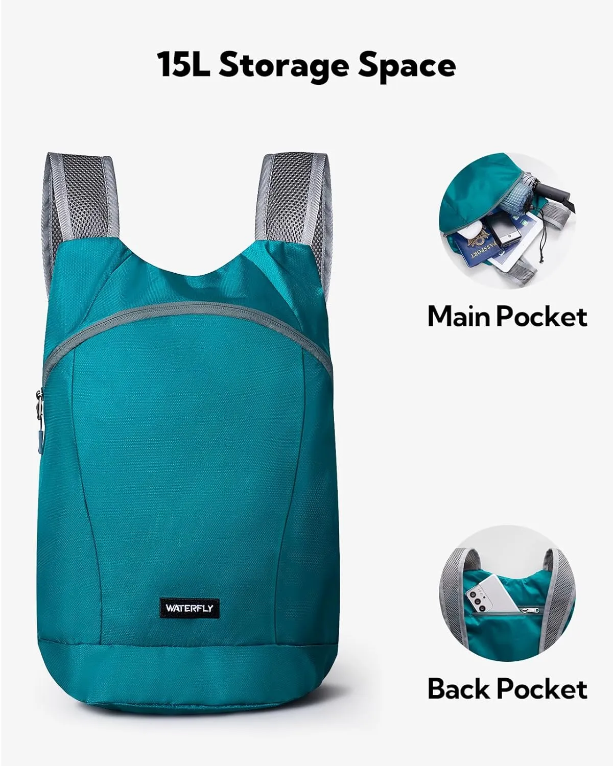 WATERFLY Foldable Lightweight Hiking Backpack: 15L Packable Traveling Daypack Men Women Ultralight Thin Casual Day Pack Bag for Outdoor Sports Camping Beach Park (Green)