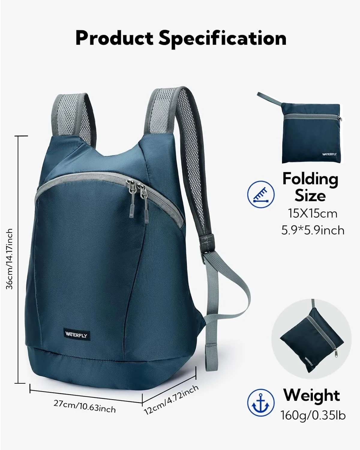 WATERFLY Foldable Lightweight Hiking Backpack: 15L Packable Traveling Daypack Men Women Ultralight Thin Casual Day Pack Bag for Outdoor Sports Camping Beach Park (Navy Blue)