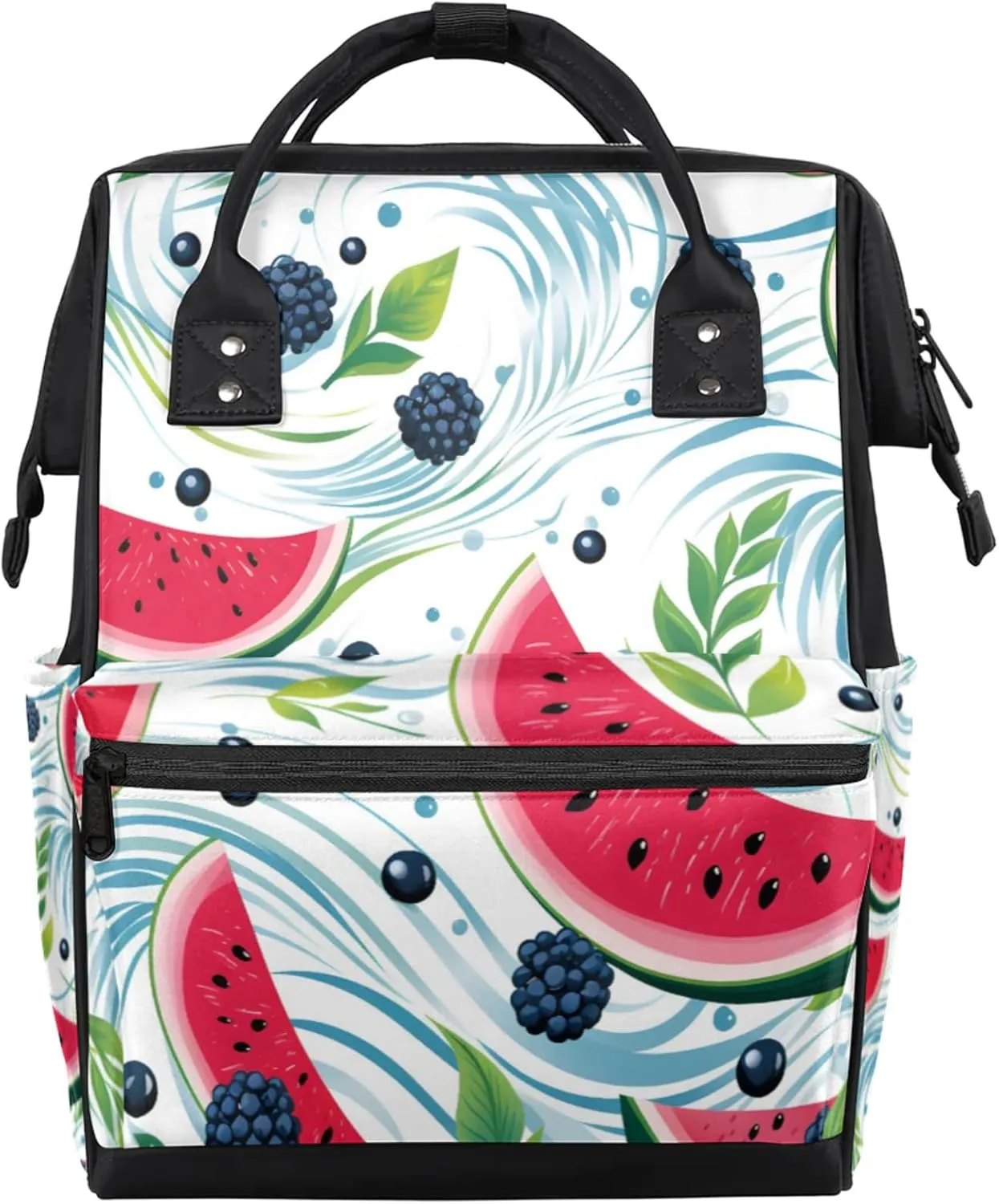 Watermelon Blueberry Leaf Diaper Bag Mommy Bags With Adjustable Shoulder Strap Waterproof Multifunction Shoulder Bag Travel Large Capacity Backpack for Moms And Dads