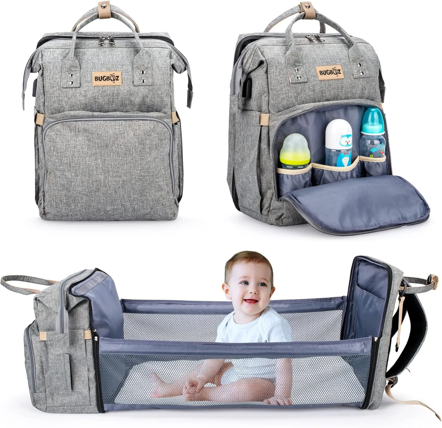 Waterproof Diaper Bag Backpack - Baby Diaper Bag with Changing Station & USB Port - Large Baby Bag with Insulated Pockets for Baby Girls and Boys-Travel Diaper Backpack for Mom (Gray)