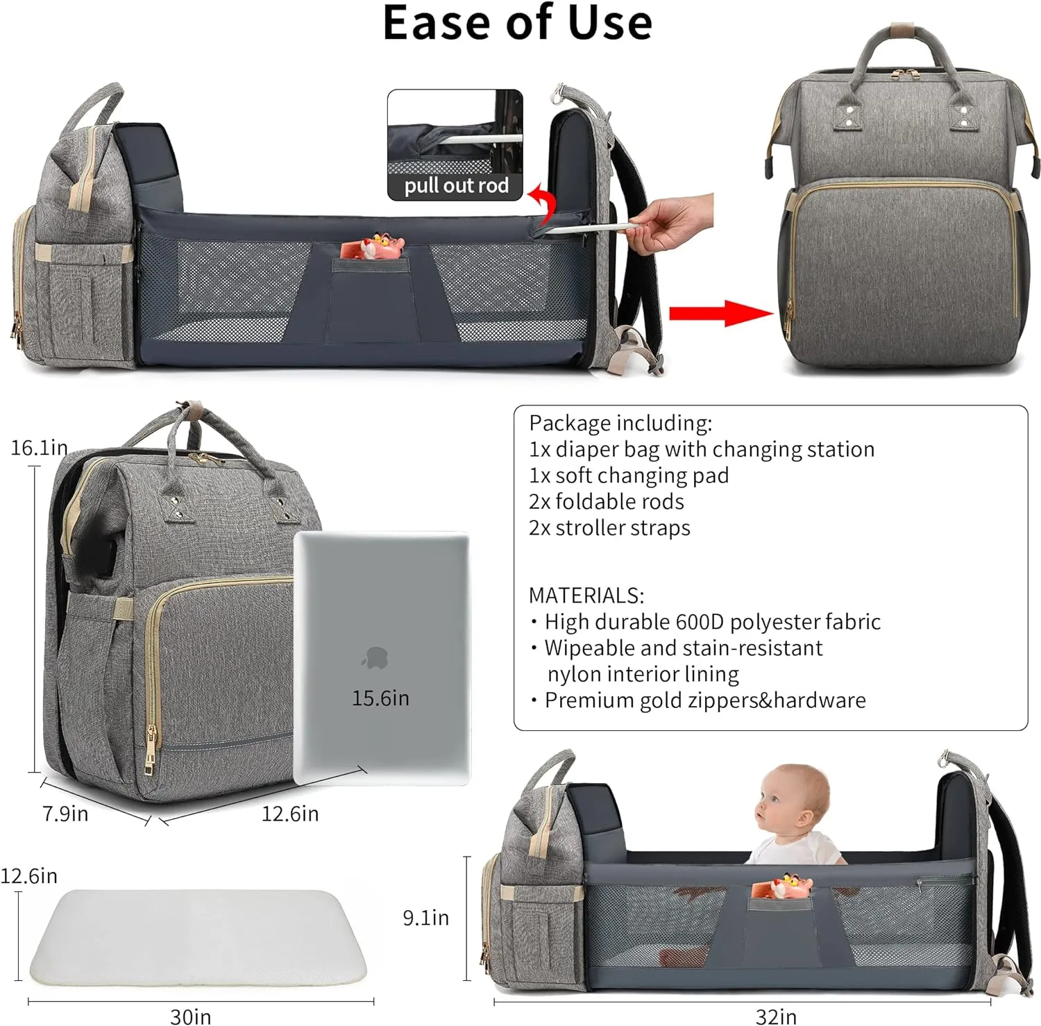 Waterproof Diaper Bag Backpack with Changing Station