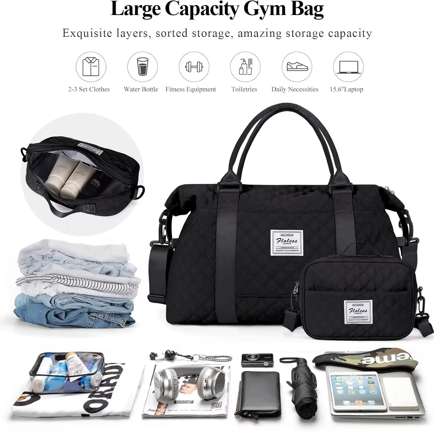 Weekender Bags for Women, Travel Duffel Overnight Carry on Bag with Toiletry Bag&Wet Pocket,Black