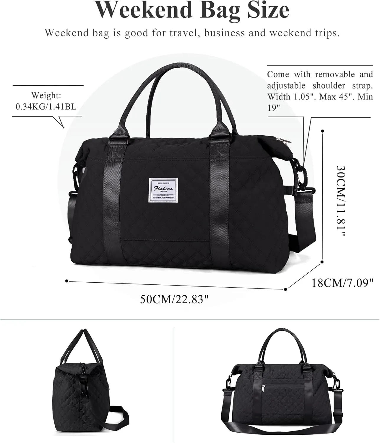 Weekender Bags for Women, Travel Duffel Overnight Carry on Bag with Toiletry Bag&Wet Pocket,Black