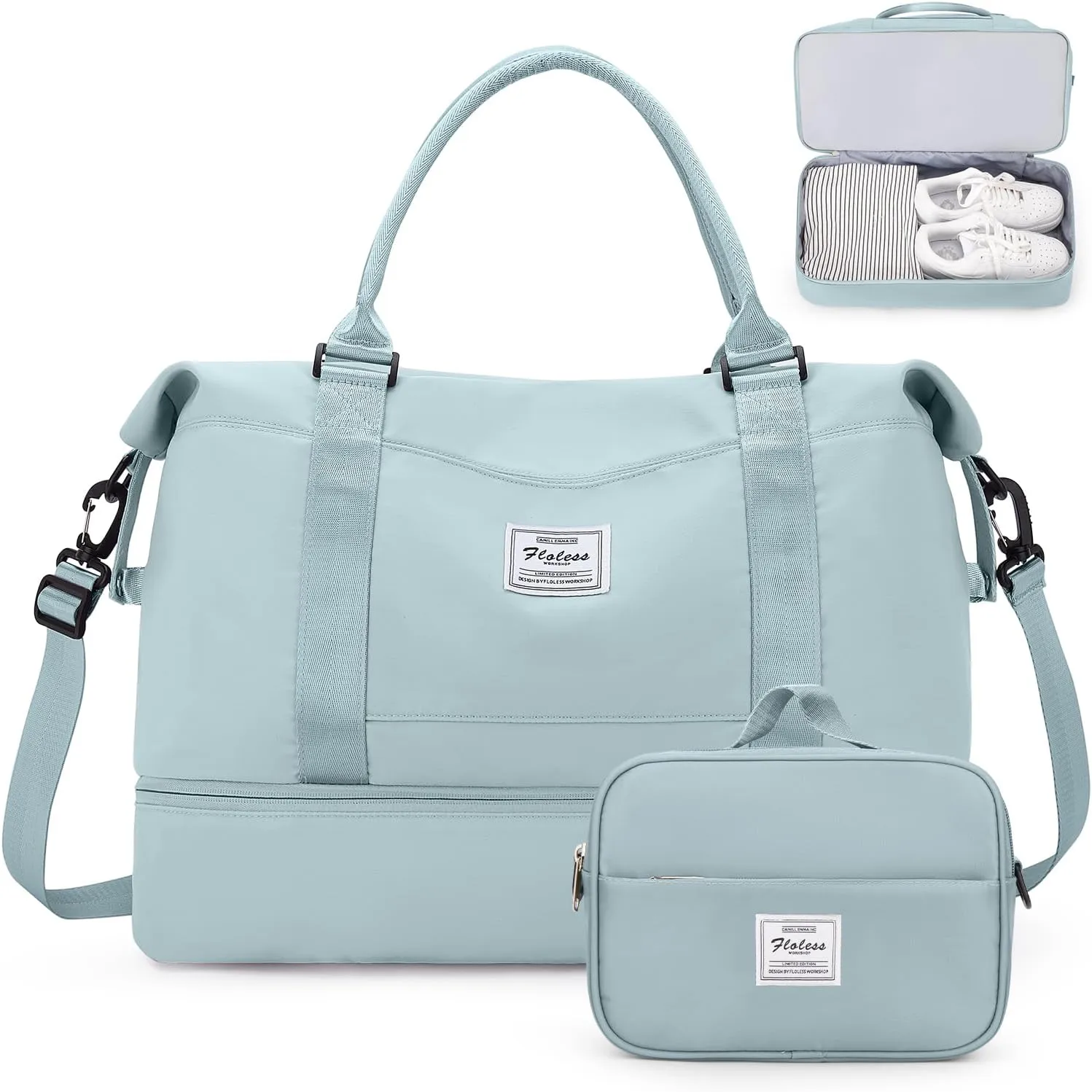 Weekender Bags for Women,Overnight Travel Duffel Bag with Shoes Compartment& Toiletry Bag,Extra Large(Light Blue)
