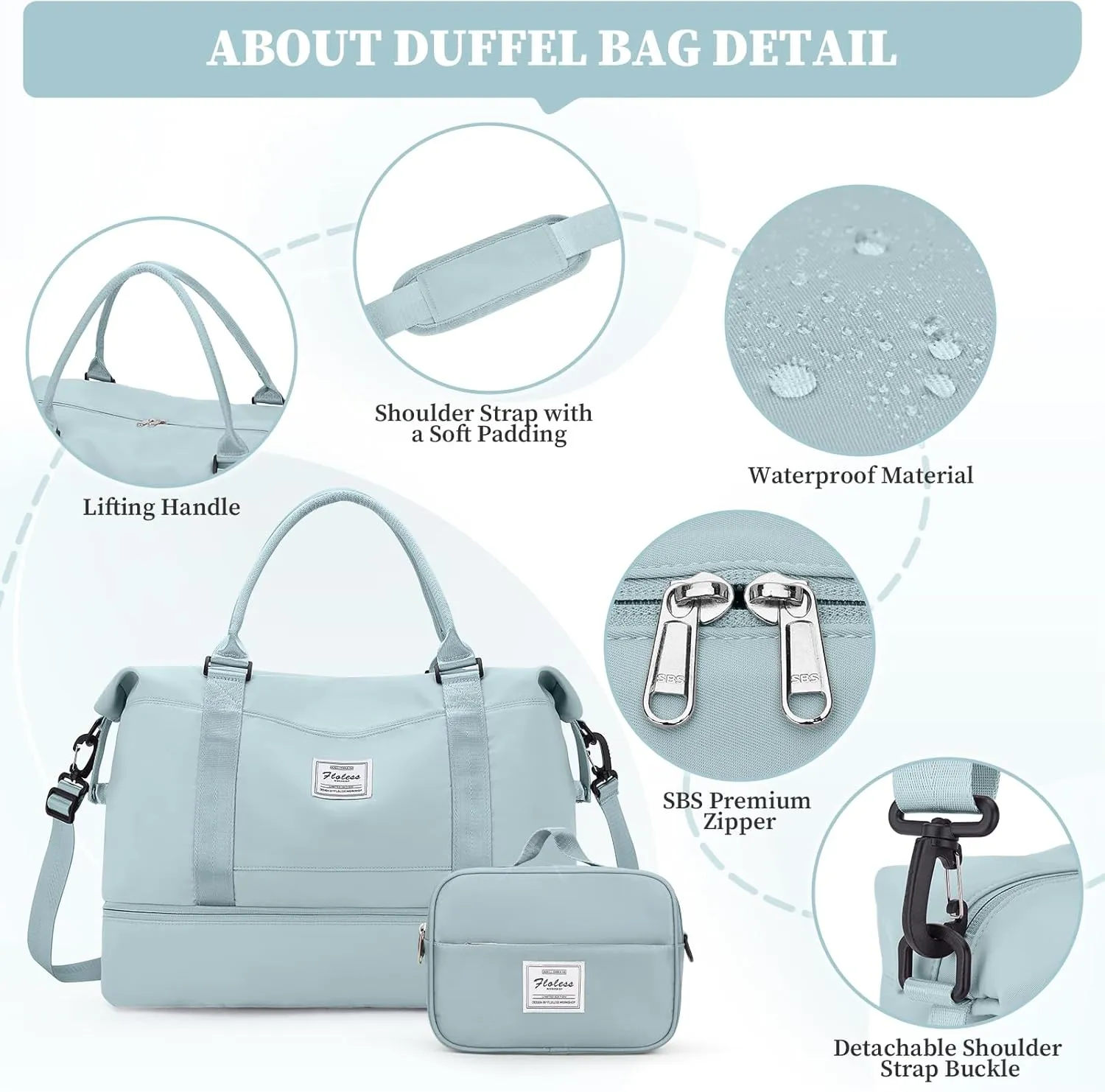 Weekender Bags for Women,Overnight Travel Duffel Bag with Shoes Compartment& Toiletry Bag,Extra Large(Light Blue)