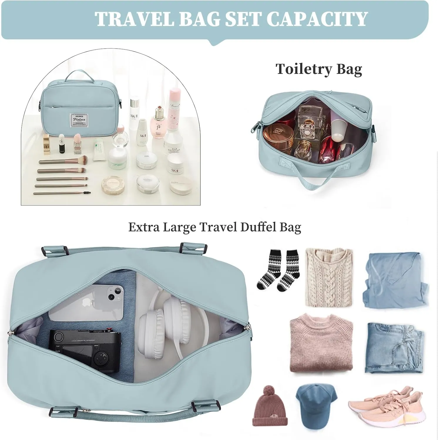 Weekender Bags for Women,Overnight Travel Duffel Bag with Shoes Compartment& Toiletry Bag,Extra Large(Light Blue)