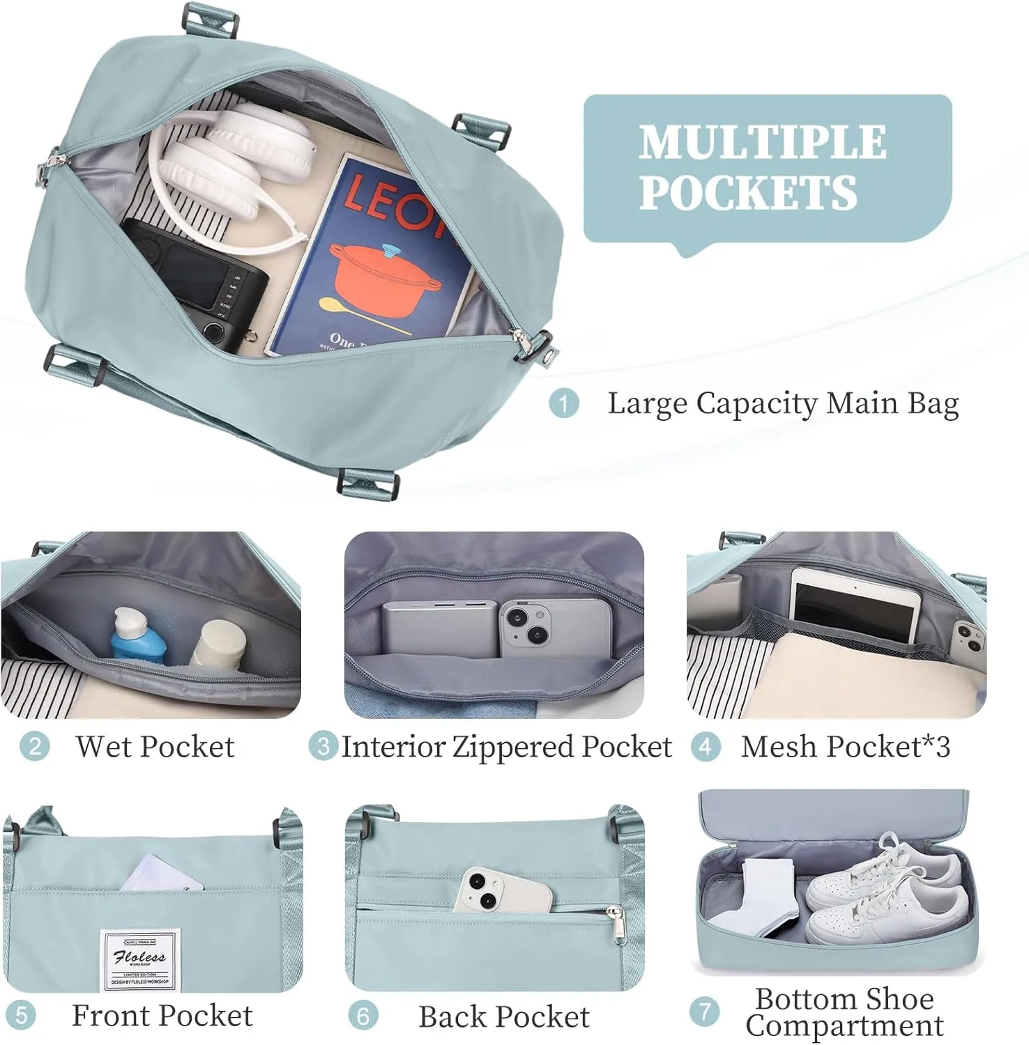 Weekender Bags for Women,Overnight Travel Duffel Bag with Shoes Compartment& Toiletry Bag,Extra Large(Light Blue)