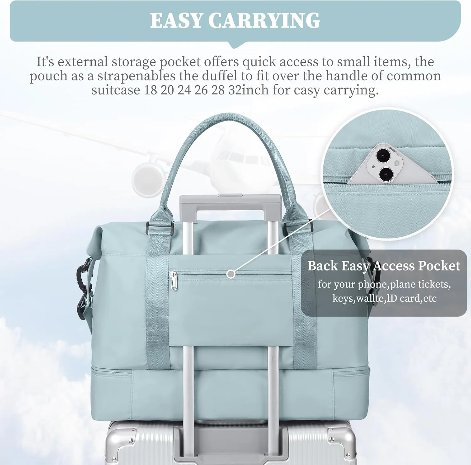Weekender Bags for Women,Overnight Travel Duffel Bag with Shoes Compartment& Toiletry Bag,Extra Large(Light Blue)