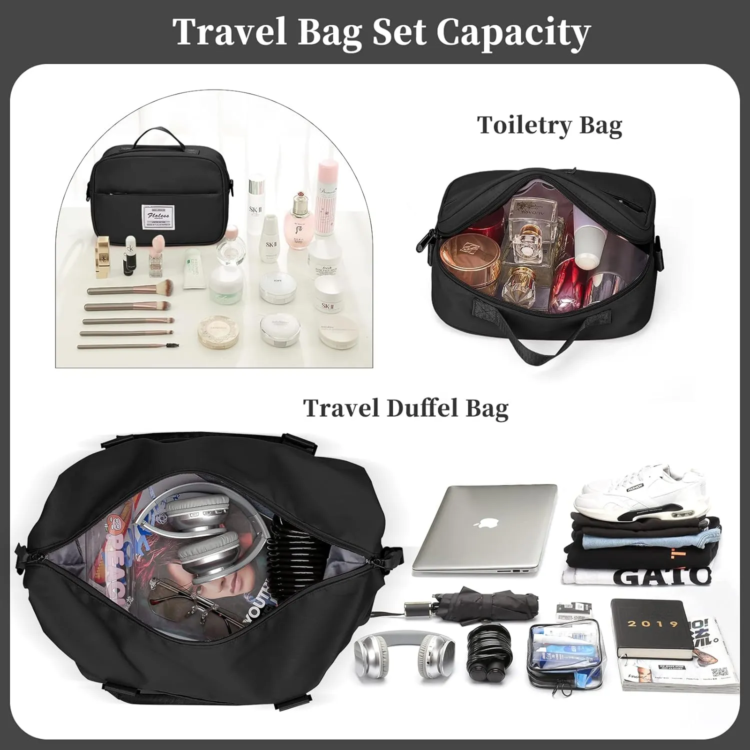Weekender Bags for Women,Travel Duffel Bag with Toiletry Bag,Overnight Weekend Carry On Personal Item Bag with Wet Pocket & Trolley Sleeve,Gym Bag,Black