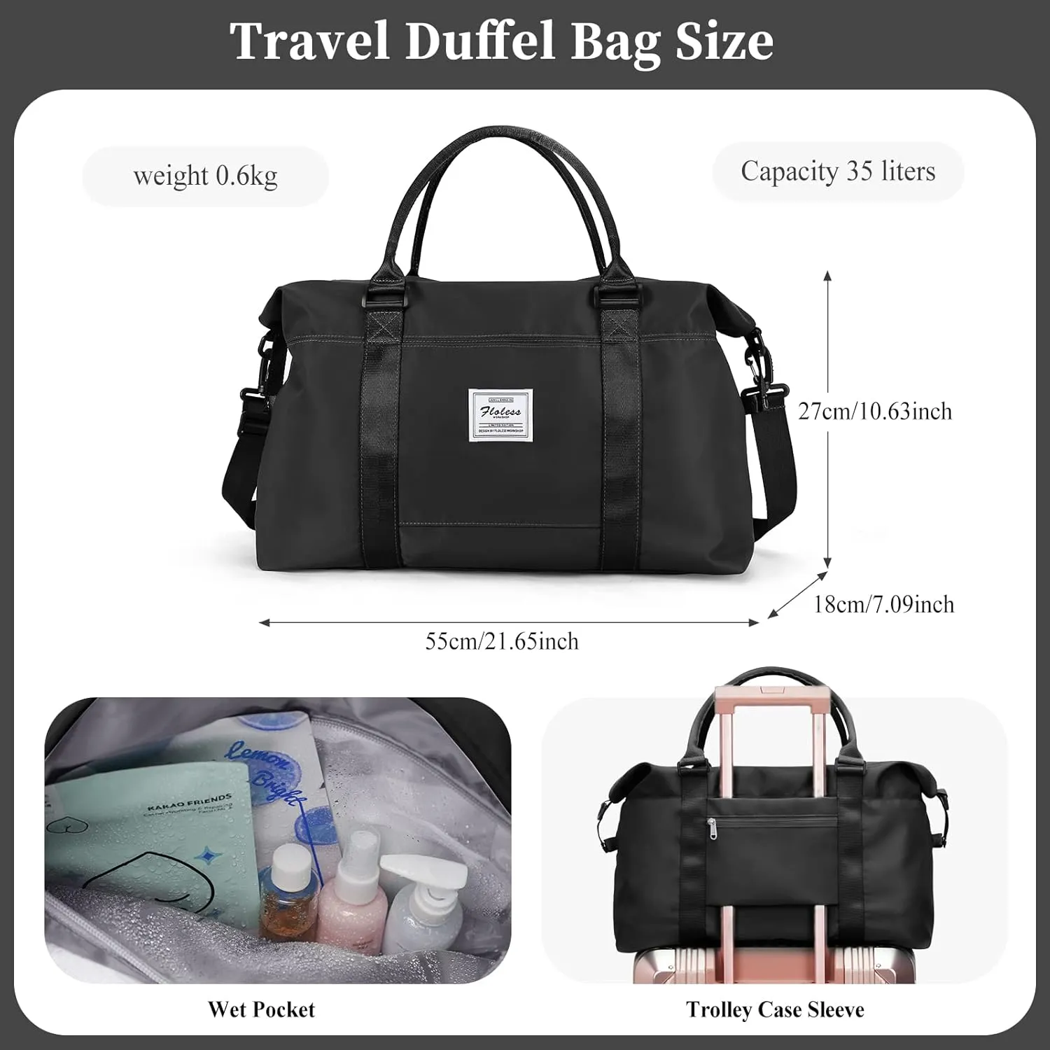 Weekender Bags for Women,Travel Duffel Bag with Toiletry Bag,Overnight Weekend Carry On Personal Item Bag with Wet Pocket & Trolley Sleeve,Gym Bag,Black