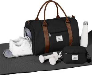 Weekender Gym Duffel Bags for Women Brown handle with Toiletry Bag,Travel Totes Bag for Airplane, Cute Sports Dance Bag Overnight Luggage Bag with Wet Pocket Shoe Compartment, Carry On Hospital Bag