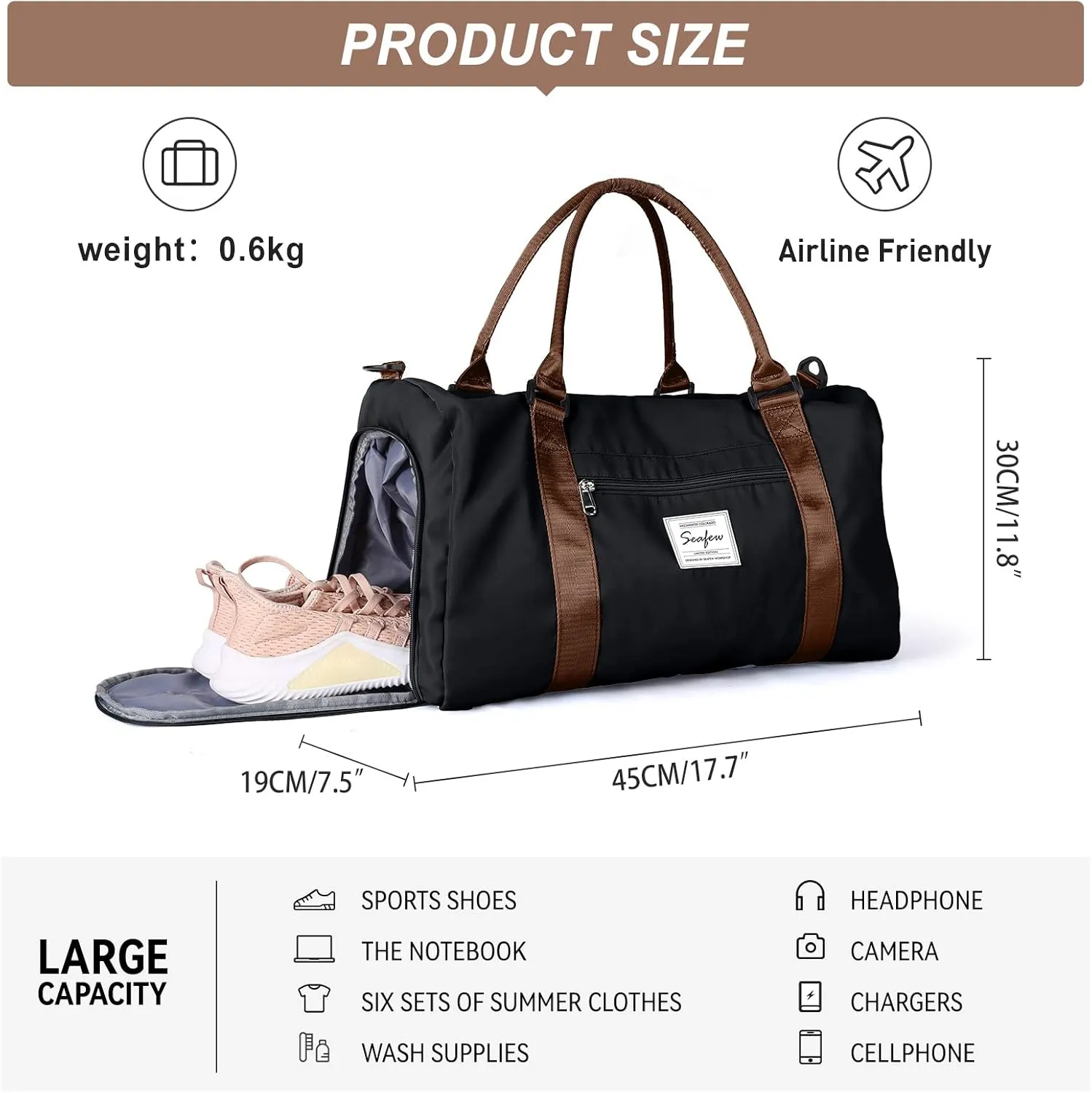Weekender Gym Duffel Bags for Women Brown handle with Toiletry Bag,Travel Totes Bag for Airplane, Cute Sports Dance Bag Overnight Luggage Bag with Wet Pocket Shoe Compartment, Carry On Hospital Bag