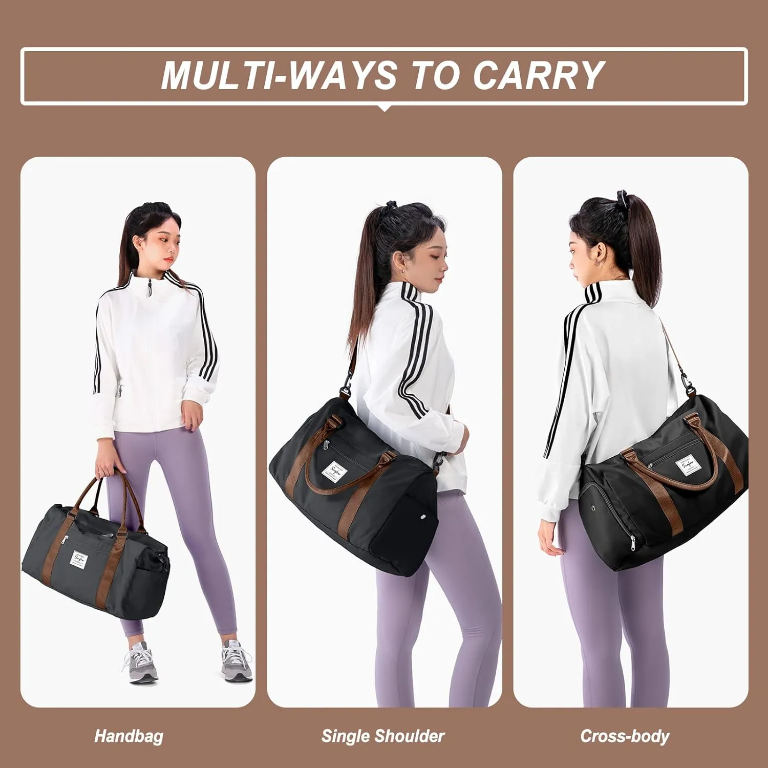 Weekender Gym Duffel Bags for Women Brown handle with Toiletry Bag,Travel Totes Bag for Airplane, Cute Sports Dance Bag Overnight Luggage Bag with Wet Pocket Shoe Compartment, Carry On Hospital Bag
