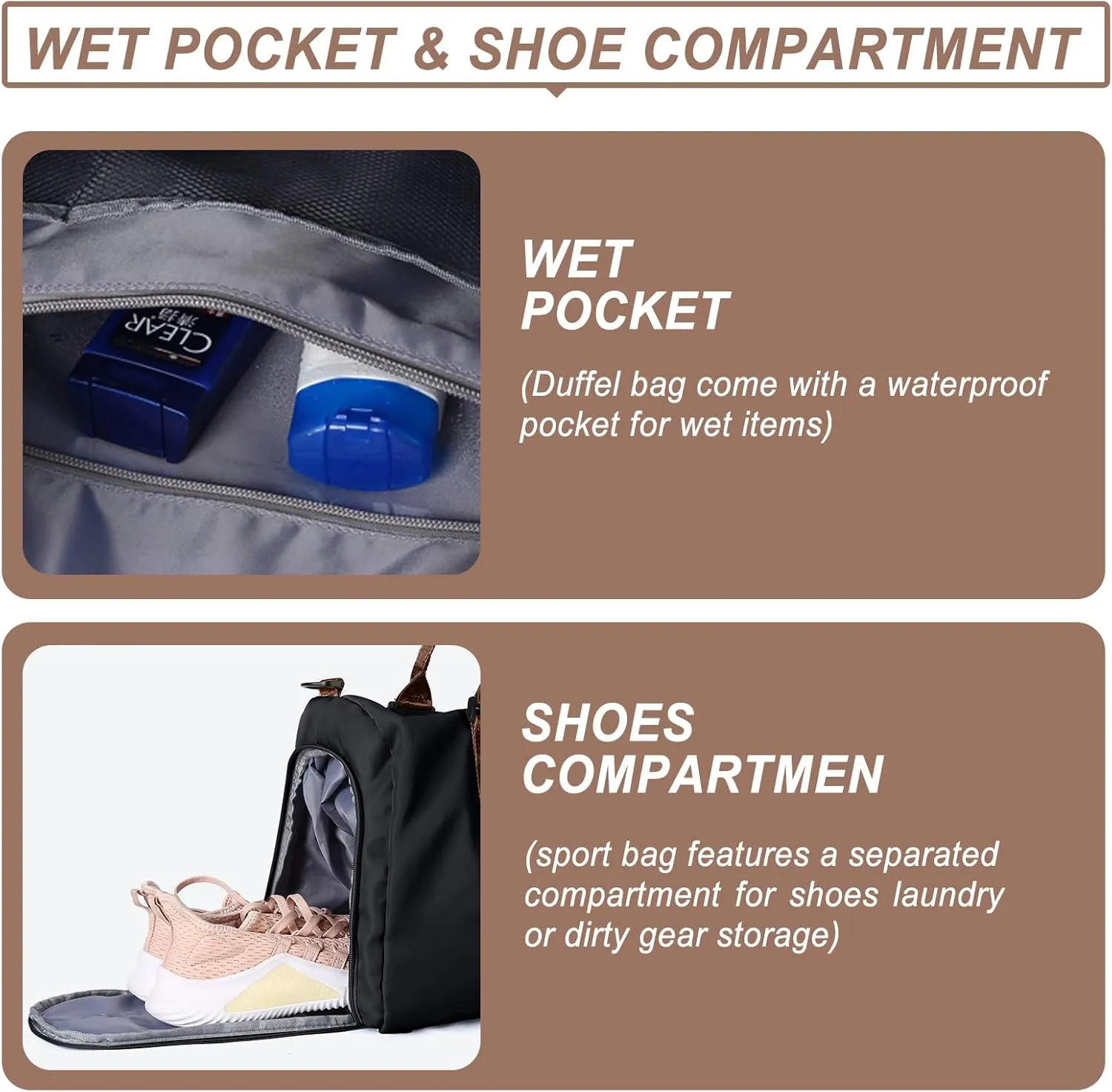 Weekender Gym Duffel Bags for Women Brown handle with Toiletry Bag,Travel Totes Bag for Airplane, Cute Sports Dance Bag Overnight Luggage Bag with Wet Pocket Shoe Compartment, Carry On Hospital Bag