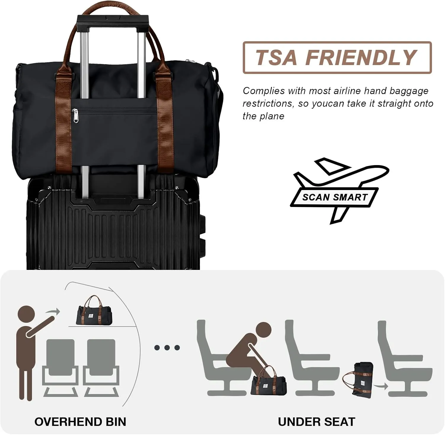 Weekender Gym Duffel Bags for Women Brown handle with Toiletry Bag,Travel Totes Bag for Airplane, Cute Sports Dance Bag Overnight Luggage Bag with Wet Pocket Shoe Compartment, Carry On Hospital Bag