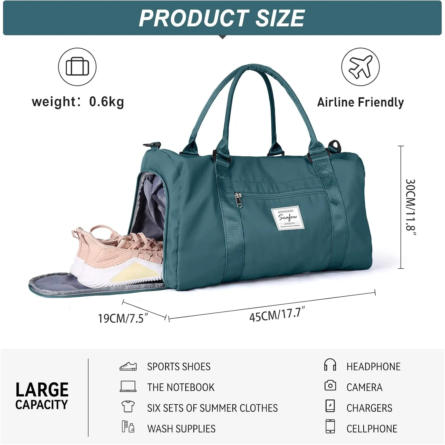 Weekender Gym Duffel Bags for Women Peacock Blue with Toiletry Bag
