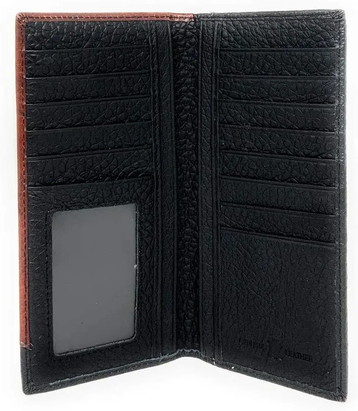 Western Premium Genuine Leather Tooled Men's Long Bifold Wallet premium cowboy wallets in 2 colors (Black Star)