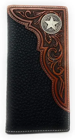 Western Premium Genuine Leather Tooled Men's Long Bifold Wallet premium cowboy wallets in 2 colors (Black Star)