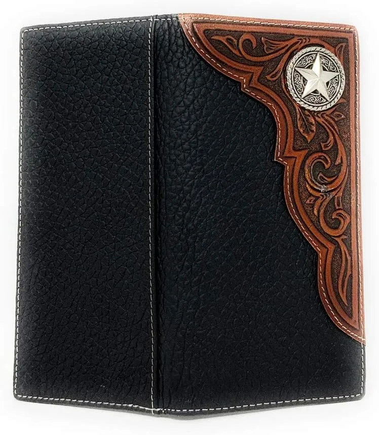 Western Premium Genuine Leather Tooled Men's Long Bifold Wallet premium cowboy wallets in 2 colors (Black Star)