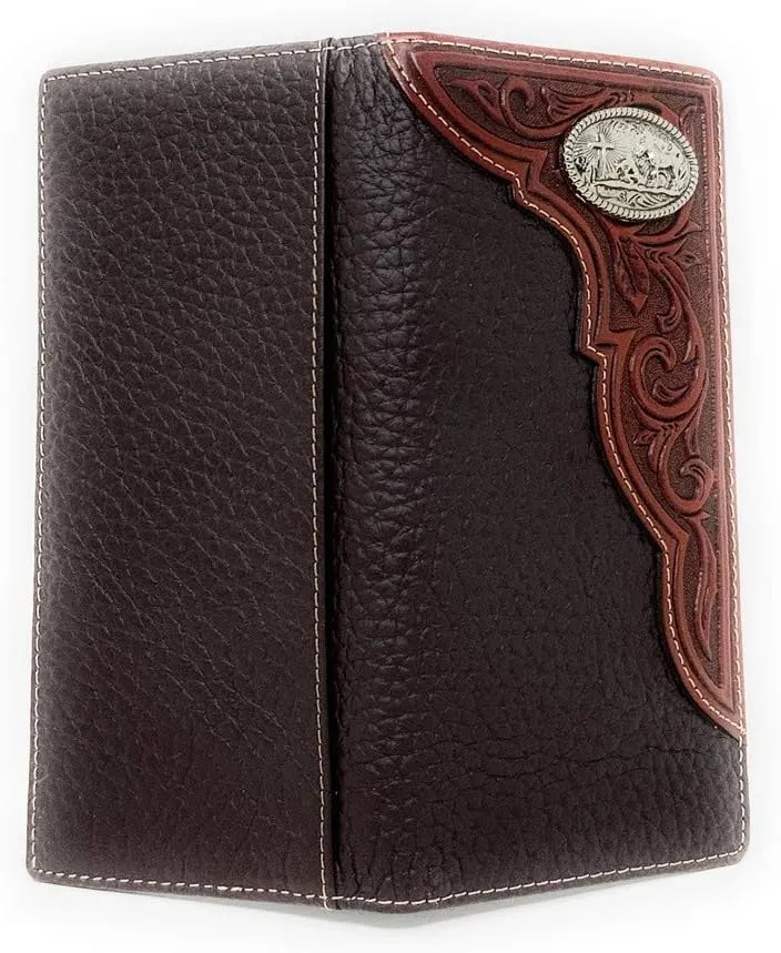 Western Premium Genuine Leather Tooled Men's Long Bifold Wallet premium cowboy wallets in 2 colors (Brown Praying cowboy)