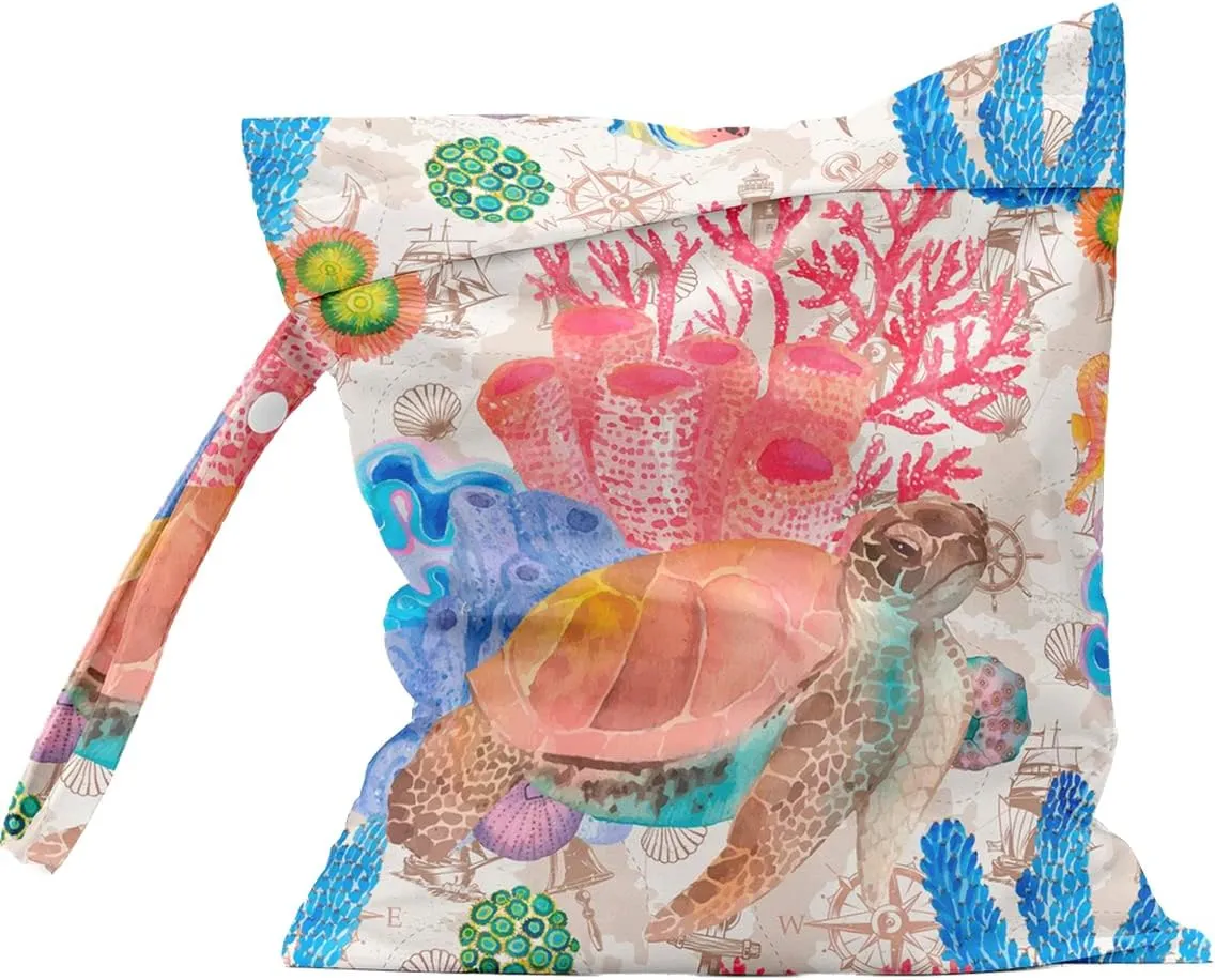 Wet Bag Waterproof Reusable Wet Dry Bag for Beach, Travel, Pool, Gym Bag for Swimsuits, Wet Clothes, Cloth Diapers, Wet Bags for Baby, Sea Turtle Gifts for Women Ocean Animals Coral Reef Decor