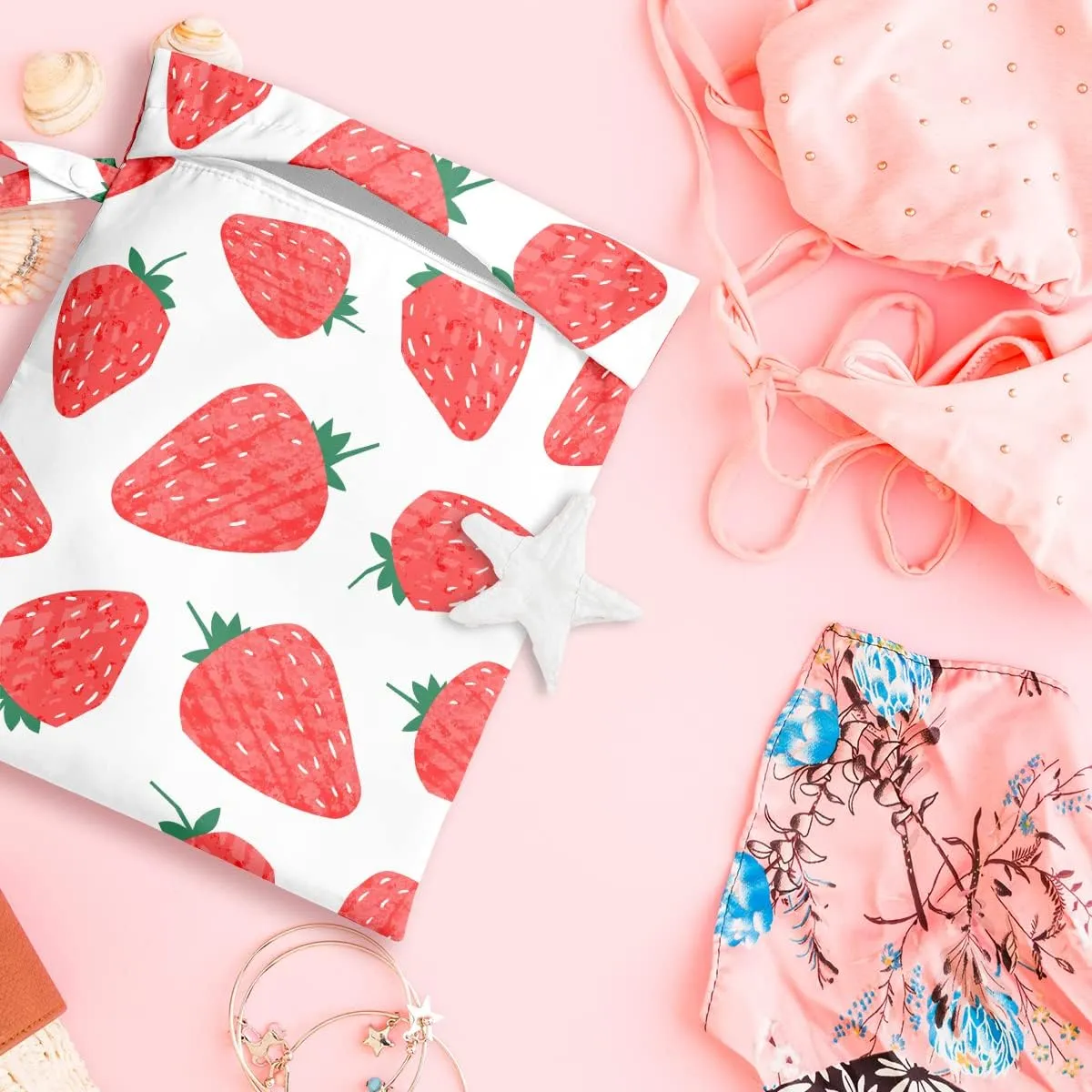 Wet Bag, Wet Dry Bag, Wet Bag for Swimsuit, Travel, Beach, Pool, Diapers, Dirty Yoga Gym Clothes, Makeup Bag, Waterproof Reusable Fruit Decor Orange Strawberry