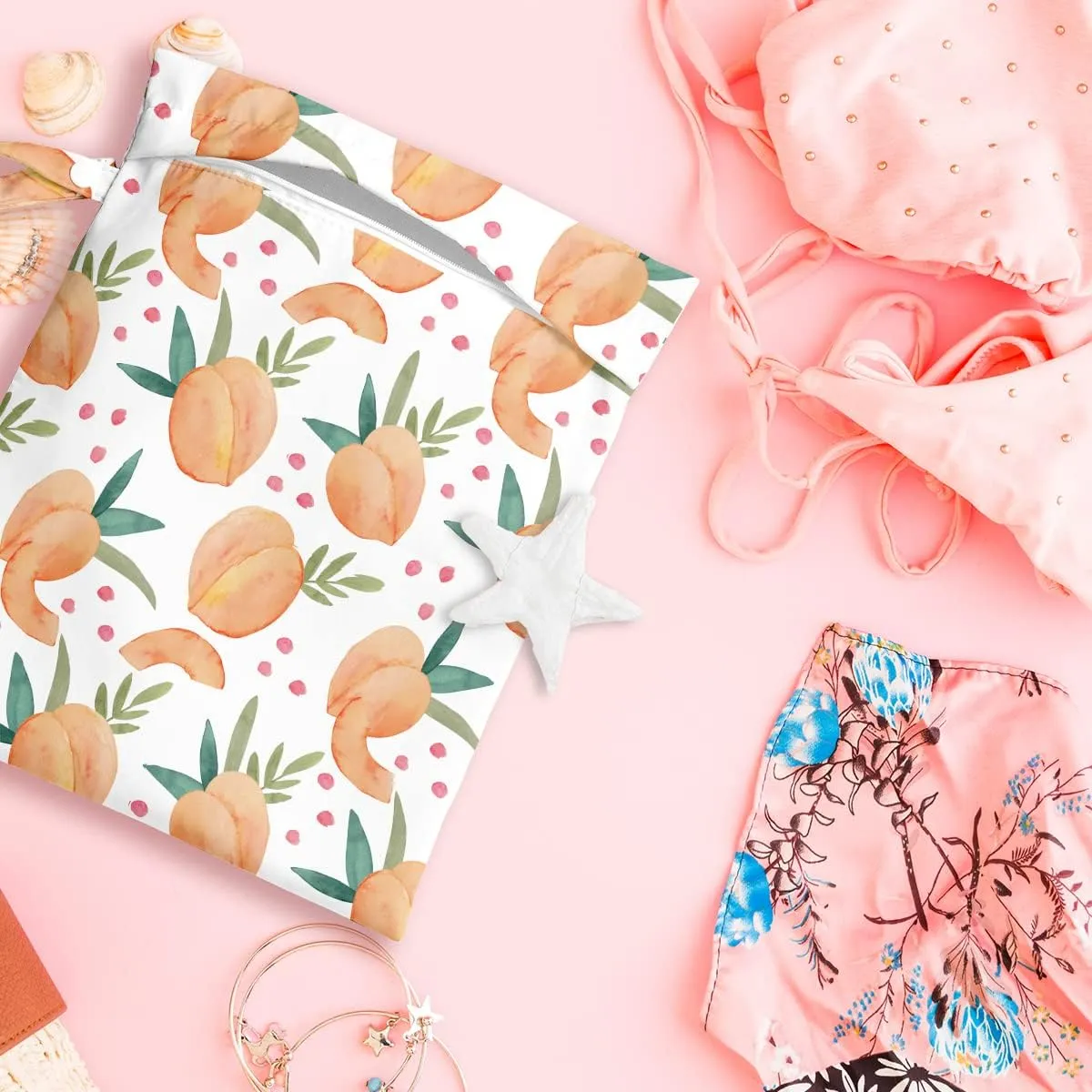 Wet Bag, Wet Dry Bag, Wet Bag for Swimsuit, Travel, Beach, Pool, Diapers, Dirty Yoga Gym Clothes, Toiletries, Makeup Bag, Snack Bag, Waterproof Reusable Fruit Peach Avocado Lemon