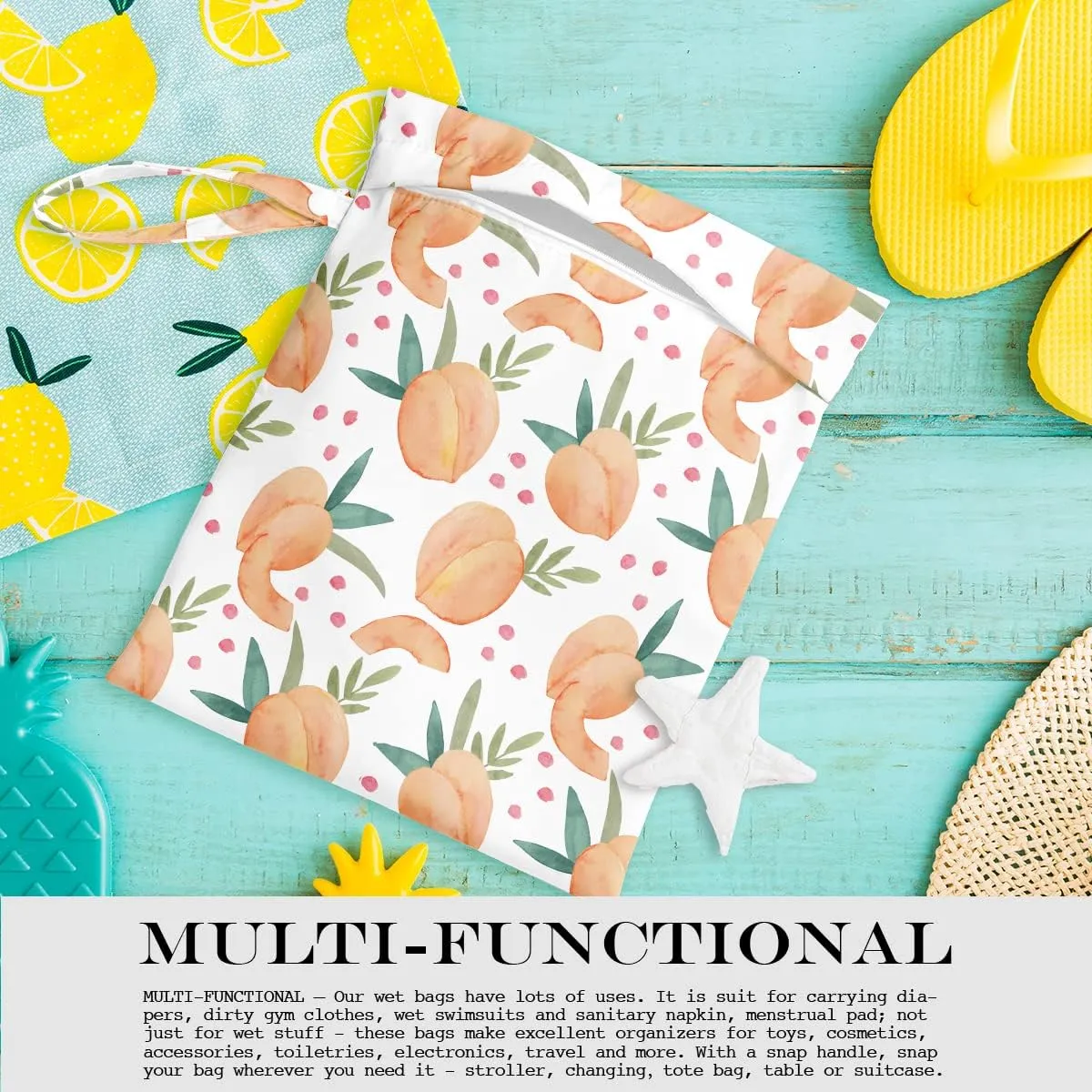 Wet Bag, Wet Dry Bag, Wet Bag for Swimsuit, Travel, Beach, Pool, Diapers, Dirty Yoga Gym Clothes, Toiletries, Makeup Bag, Snack Bag, Waterproof Reusable Fruit Peach Avocado Lemon