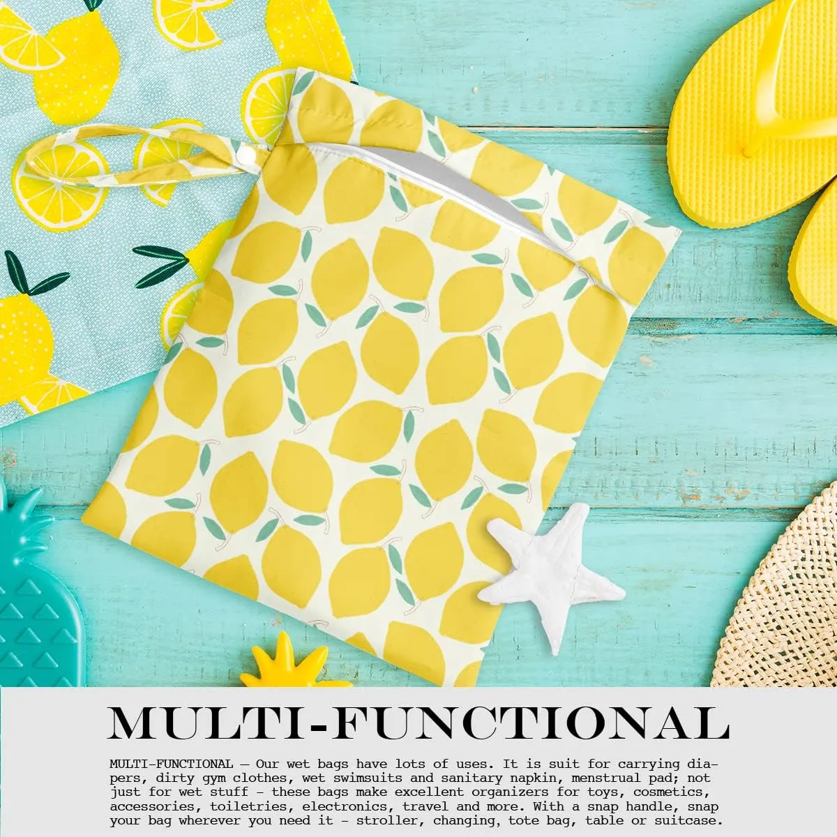 Wet Bag, Wet Dry Bag, Wet Bag for Swimsuit, Travel, Beach, Pool, Diapers, Dirty Yoga Gym Clothes, Toiletries, Makeup Bag, Snack Bag, Waterproof Reusable Fruit Peach Avocado Lemon