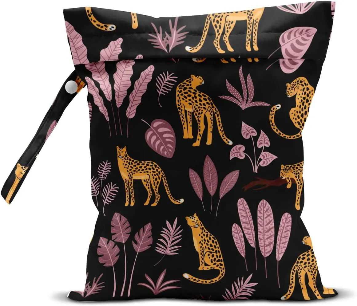 Wet Dry Bag for Swimsuit, Travel, Beach, Pool, Diapers, Gym Clothes, Makeup, Camping Accessories - Waterproof Reusable Jungle Tropical Leaves Cheetah Print