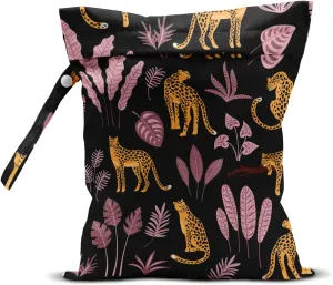 Wet Dry Bag for Swimsuit, Travel, Beach, Pool, Diapers, Gym Clothes, Makeup, Camping Accessories - Waterproof Reusable Jungle Tropical Leaves Cheetah Print