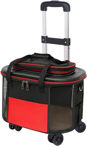 Wheeled Dog Carrier, Breathable Shoulder Bag with Pull Rod, Foldable Trolley, Rolling Cat Carrier for Outdoor Travel, Red