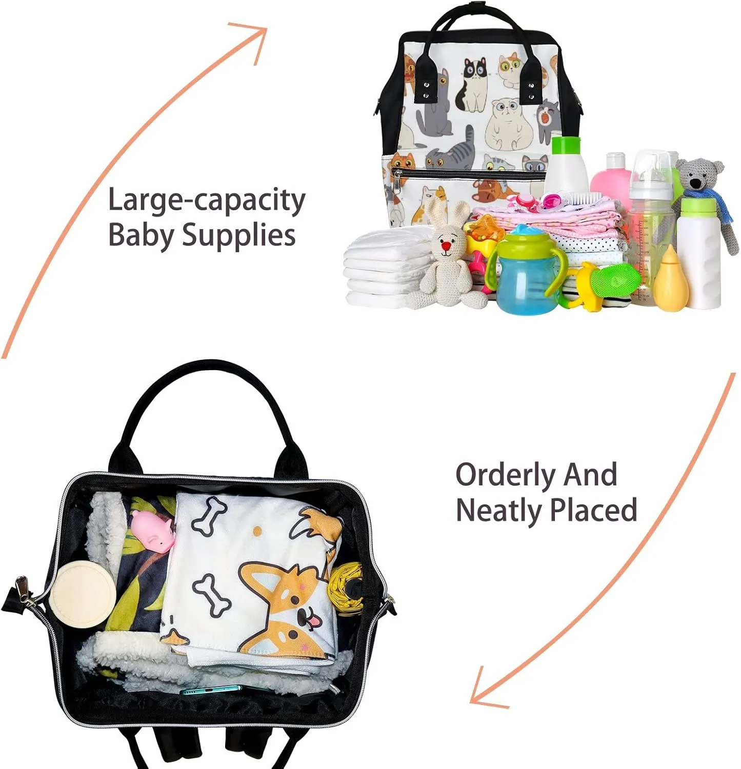 White Cute Kawaii Colorful Cats Diaper Bag Backpack, waterproof backpack Baby Nappy Changing Bags Laptop Backpack for Travel, Large Capacity, Durable and Stylish for Woman and Men.